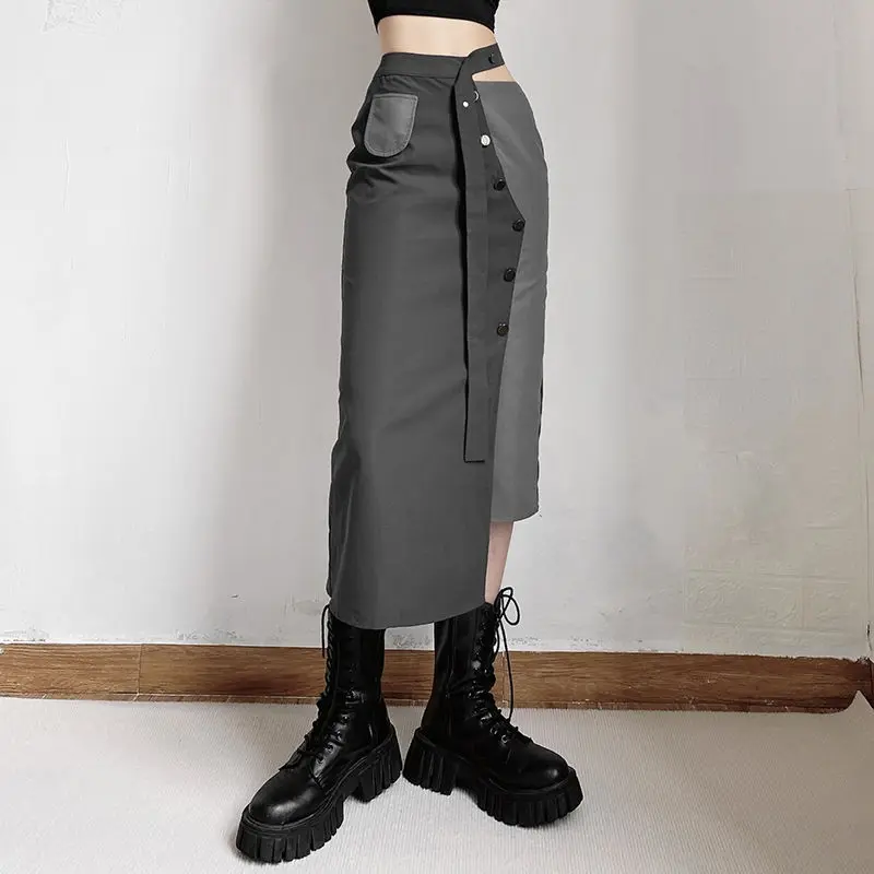 retro design fried street skirt women's  high waist fashion splicing hip wrap skirt  long skirt  black skirt  Casual  Button