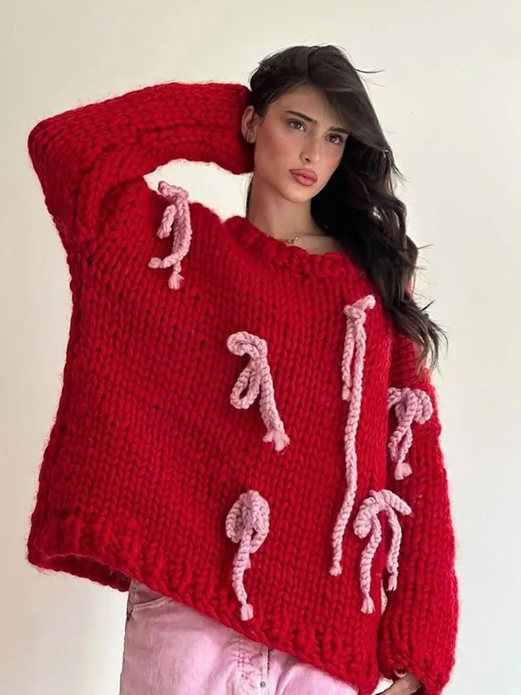 Шикарный красный пуловер с круглым вырезом и длинными рукавами теплый розовый