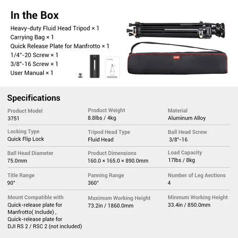 SmallRig AD-01 Профессиональный алюминиевый штатив для видеокамеры