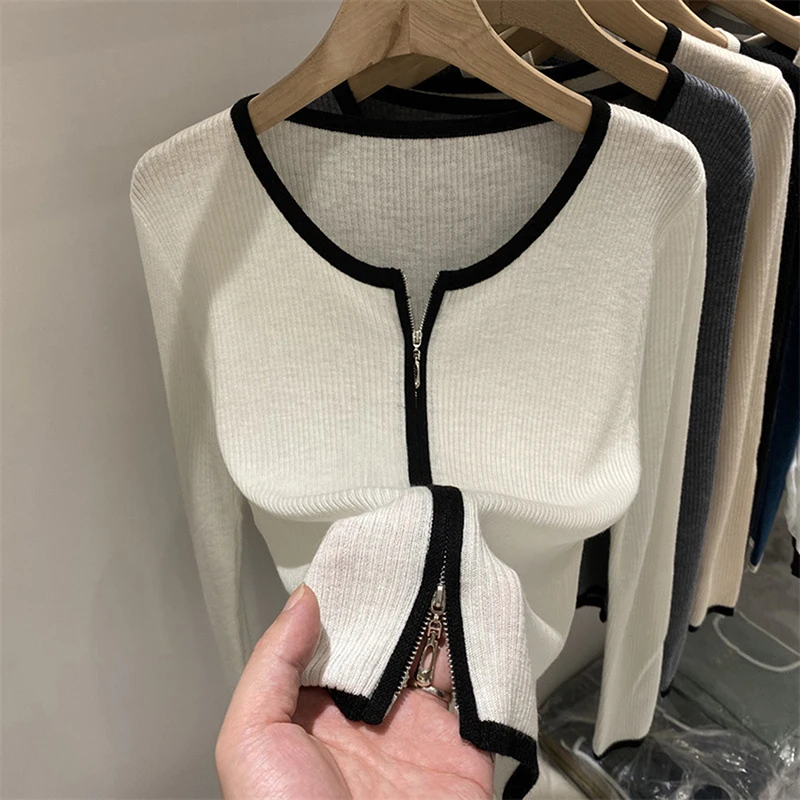 

Elegant O Neck Zipper Front Knitted Sweater Women Solid Basic Cropped Cardigans Spring Autumn Ladies Female Fashion Clothing Top