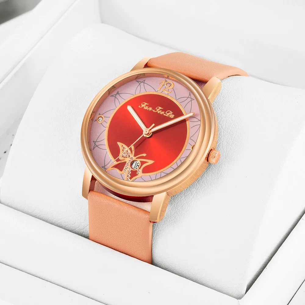 Simple Butterfly Crystal Dial Design Ladies Wristwatches Fashion Casual Women Flower Calendar Watches Woman Leather Quartz Watch