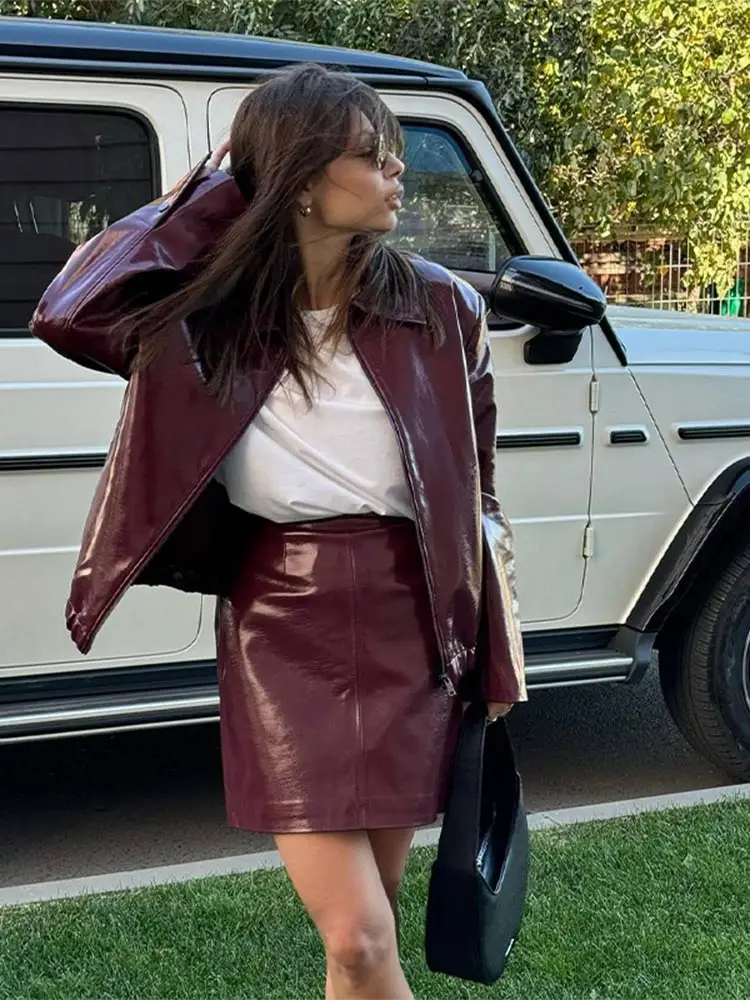 Vintage Solid Zipper Pu Leather Jacket Wine High Waist Mini Skirt 2 Piece Set New Female Autumn Streetwears