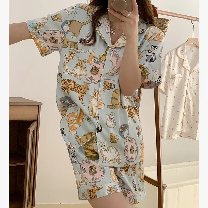 

Летняя новая Пижама, Женская милая одежда для сна с мультяшным принтом, милые шорты с коротким рукавом, тонкий стиль, домашняя одежда, костюм