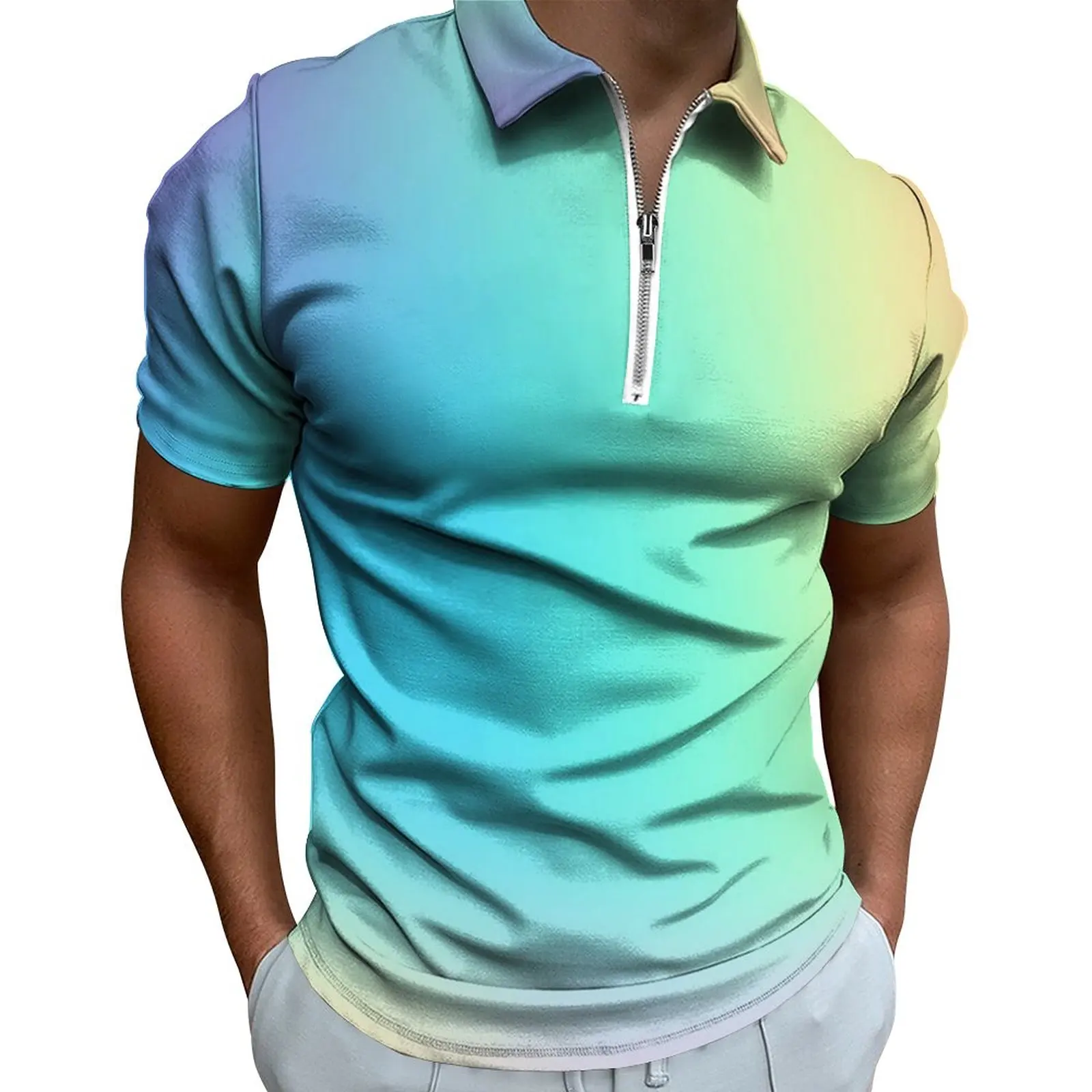 

Рубашка-поло Pastel с эффектом омбре, Повседневная пляжная рубашка с радужным принтом, модные мужские футболки с коротким рукавом и графическим принтом на молнии