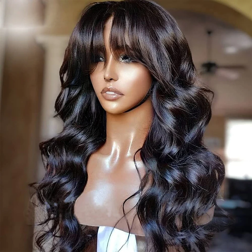 

Jet Black Body Wave 26 inch Long Synthetic Full Machine Wig With Bangs Soft Hair Straight Wig For Women Heat Resistant Fiber