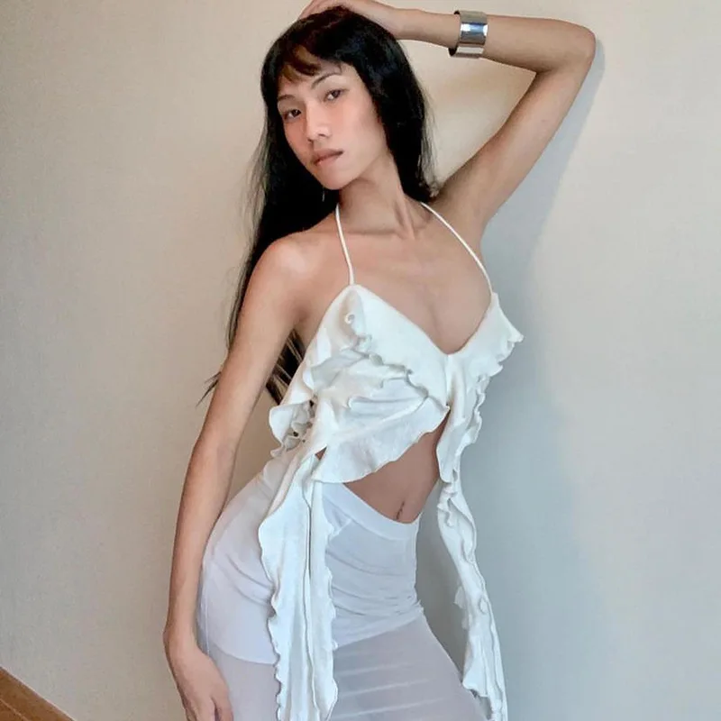 

Summer Ruffled Ribbon Halter Neck Camis Crop Top Hotsweet Sexy Slim White Camisole Tank Top Women Clothing