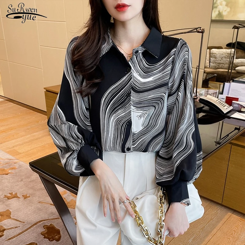 

2023 Spring Ink Smudge Chiffon Blouse Casual Office Lady Clothes Temperament Long Sleeve Loose Printed Shirt Elegant Tops 20680