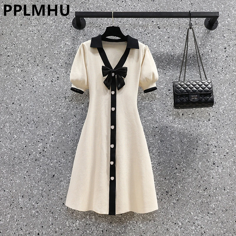 

Bow Black Knitted Mini Dresses For Women Summer Korean Single-breasted Sweet Dress Vintage Apricot Robe Chic Vestidos 2022