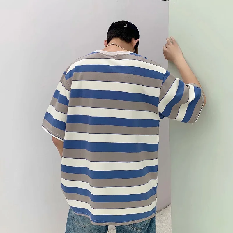 

2022 New Summer Hong Kong Style Striped Short-sleeved Men's Loose Trend Short-sleeved Casual All-match Half-sleeve Clothing