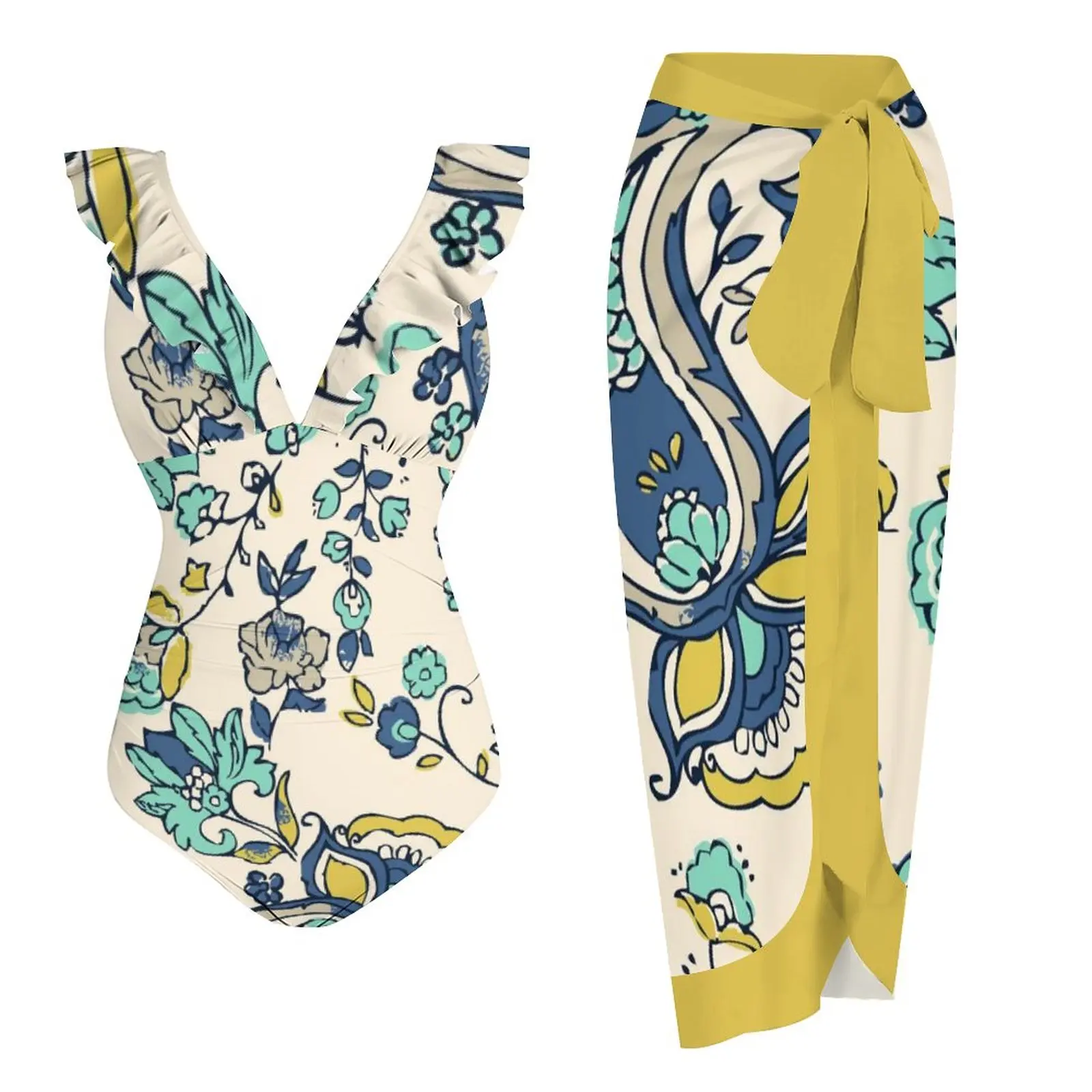 

2023 Flower Print V-Neck Bikini Women Halter Sexy Waist Swimsuit Hollow String Beachwear Color Matching Cover Up Summer