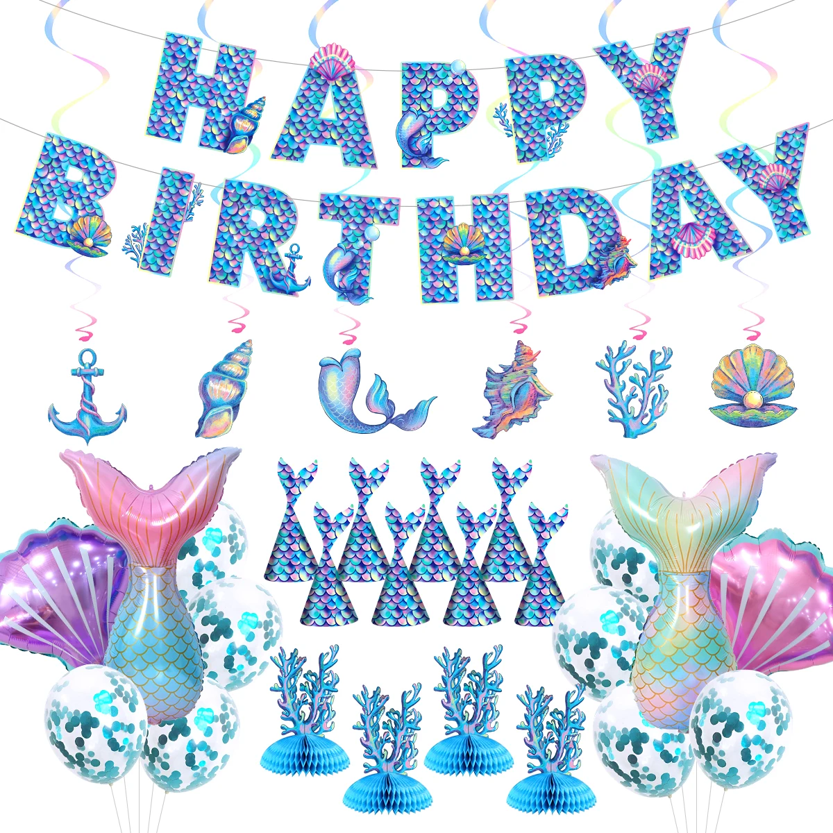 

Набор воздушных шаров в стиле русалки для дня рождения, баннер на день рождения, шапка рыбий хвост, фольгированные шары, Коралловое украшени...