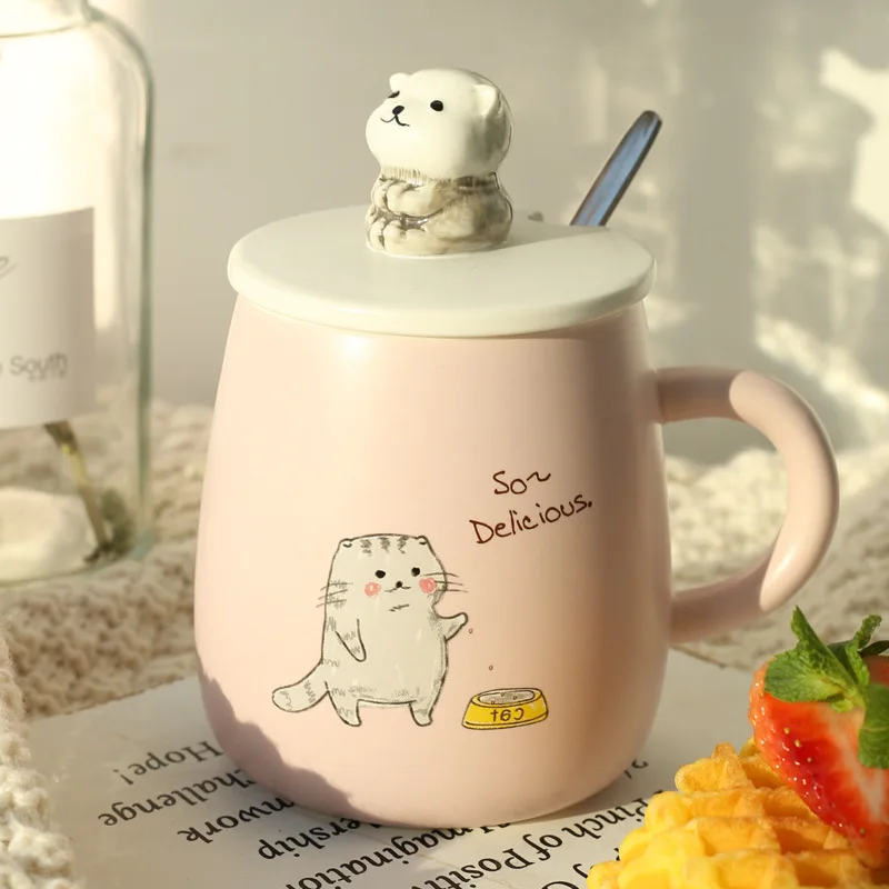 

3D Cat Mug Cute with Lid Spoon Kitty Tea Mug Large Ware Three Dimensional Cat Handmade Lovely Ceramic Bottle A Birthday Present