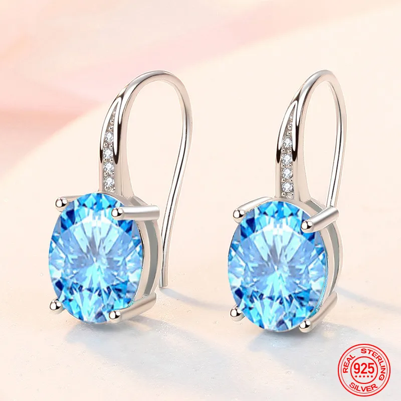 

TIEEYINY 925 Silver Blue Crystal Oval Drop Earrings For Women Fashion Jewelry