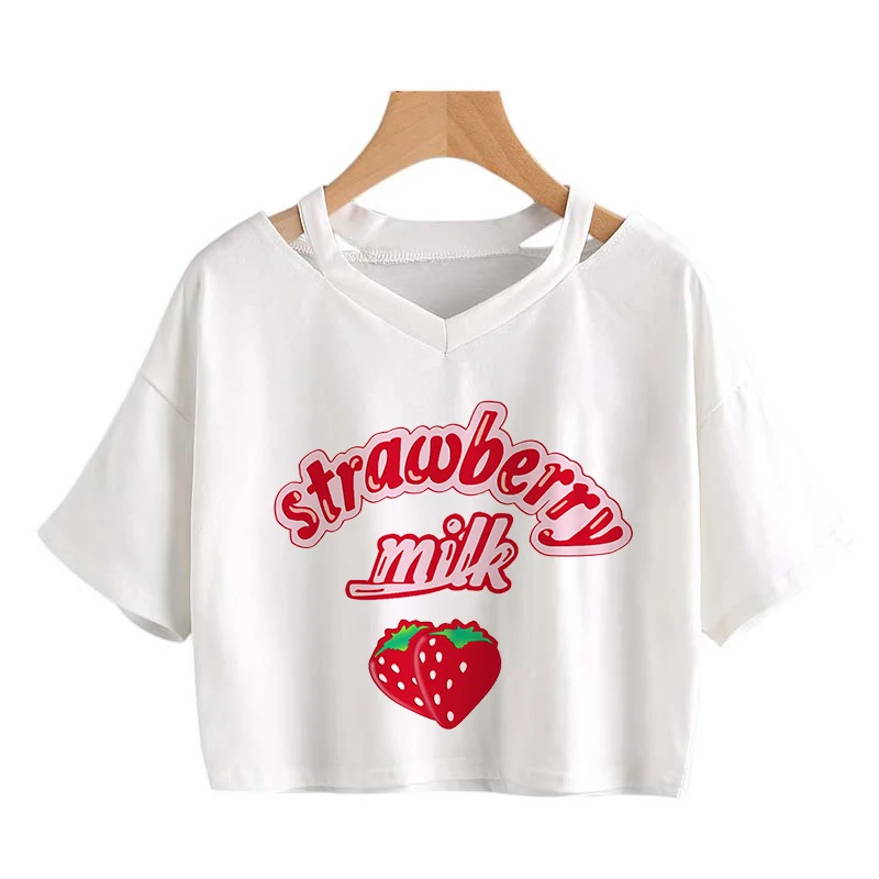 

Harajuku Kawaii Strawberry Milk Graphic T-shirt Women V-neck Streetwear Summer Hokkaido Crop Tops