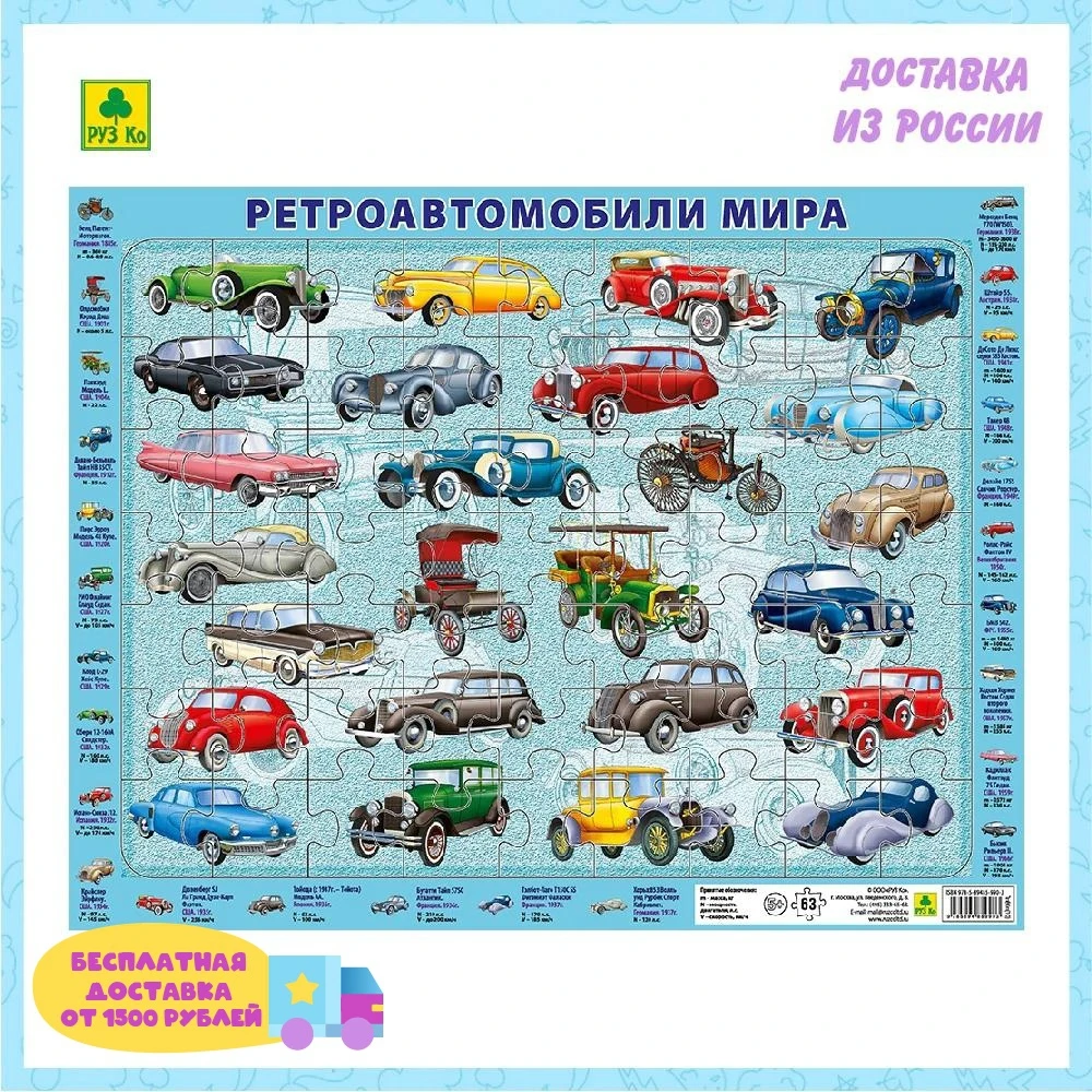 Детский пазл на подложке RUZ Co Ретроавтомобили мира 36х28 см 63 элементов | Игрушки и