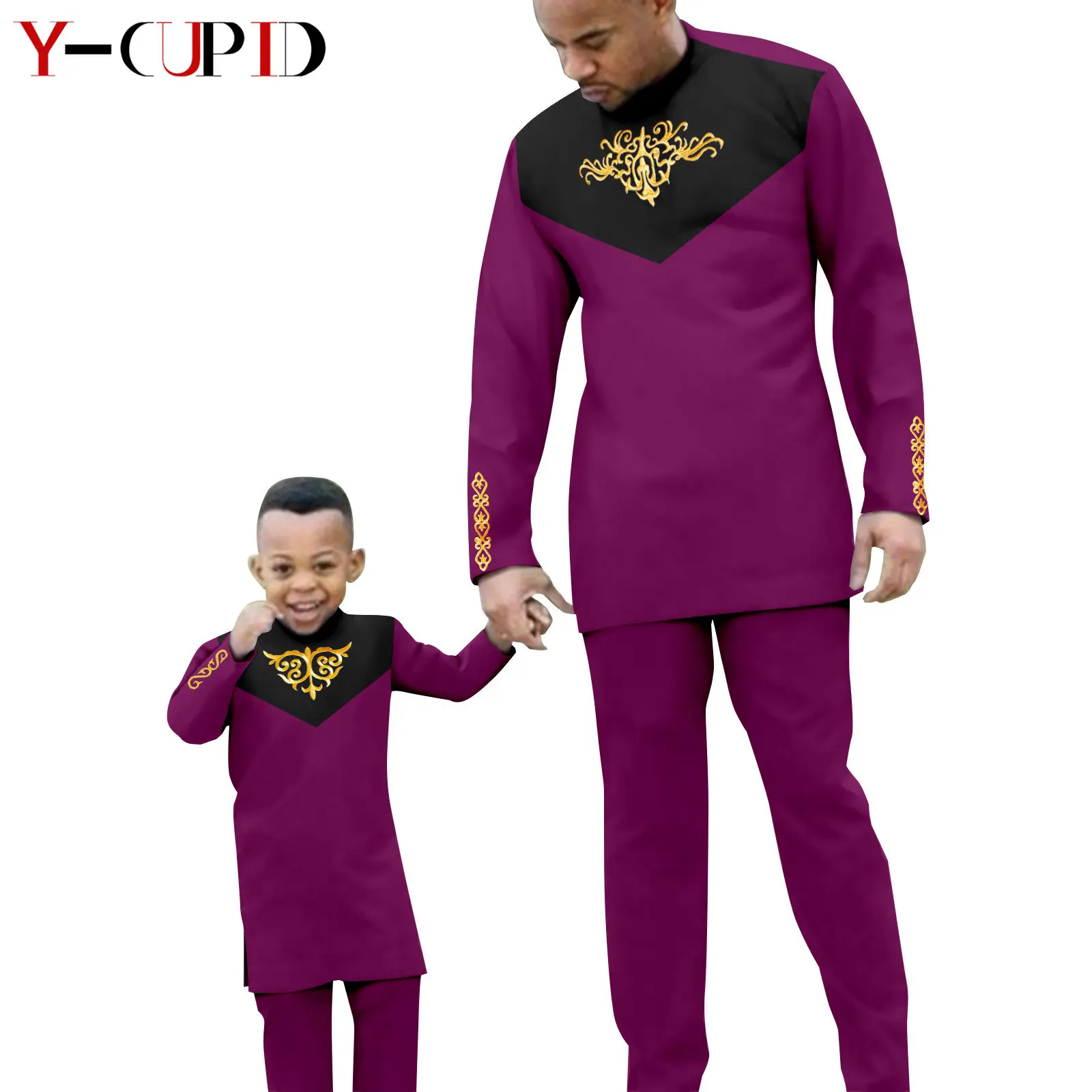 African Clothes for Men Top and Pants Sets Match Kids Boy Sets Dashiki Father and Son Suits Bazin Riche Family Outfits Y20F001