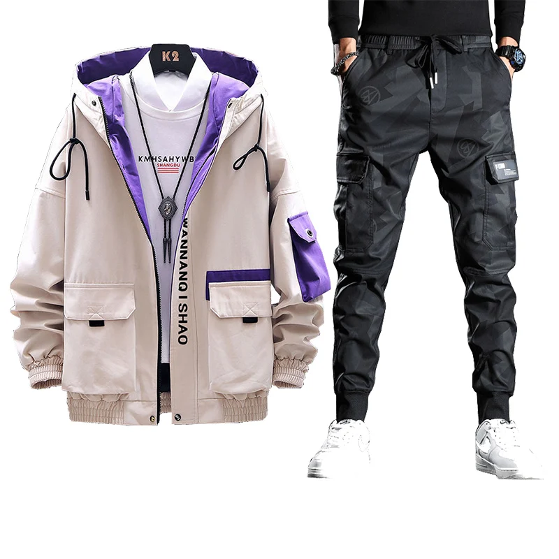 

New Men's Fishing Clothes Spring Autumn Casual Jacket + Pants Two Piece Set Outdoor Breathable Hooded Jacket Hiking Sports Suits