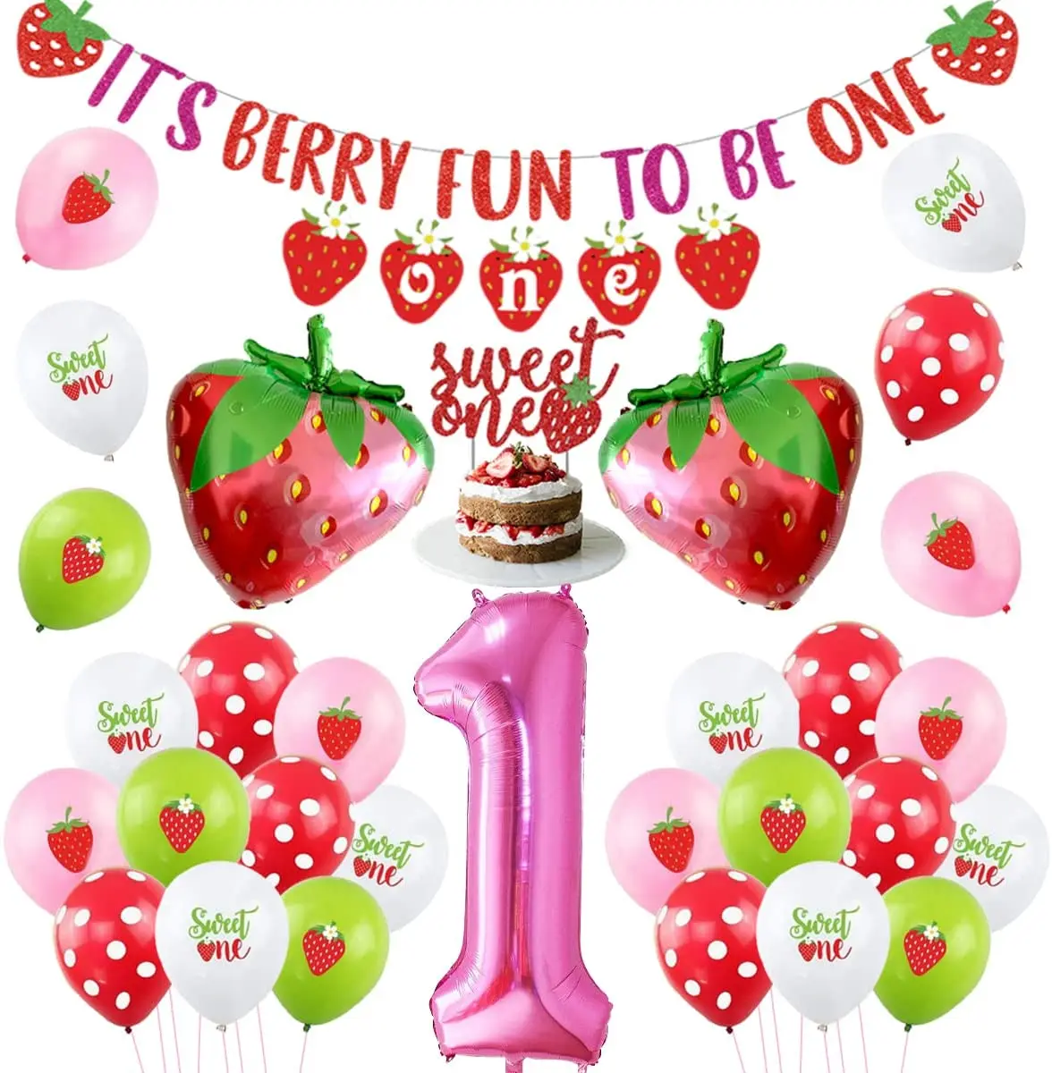 

Strawberry Theme 1st Birthday Decorations Its Berry Fun To Be One Banner Strawberry Foil Balloons for Berry Sweet Birthday Party