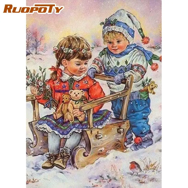 

RUOPOTY Full Square Diamond Painting Happy Children 5D DIY Diamond Embroidery Mosaic Moon Full Square Round Cross Stitch
