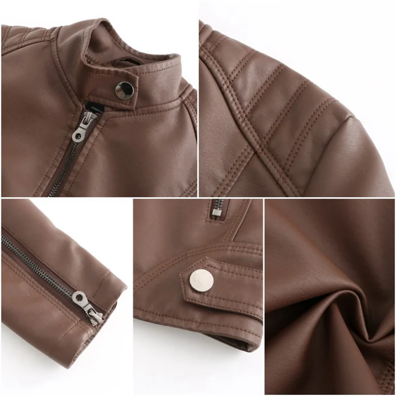 Thin Leather Jacket Slim Fit Motorcycle Suit Large Size Stand-up Collar Leather Jacket Women