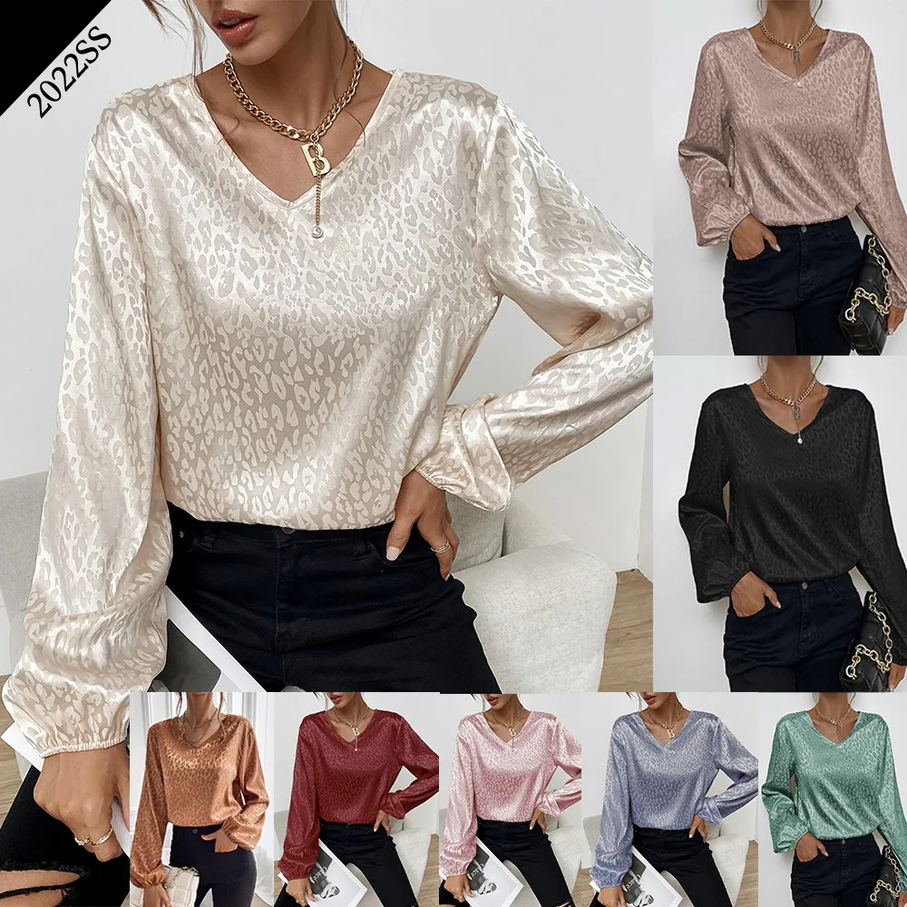 

Ladies Elegant Leopard Print Satin Shirt 2022 Spring New V Neck Pullover Autumn Ladies Casual Jacquard Long Sleeve Soft Shirt