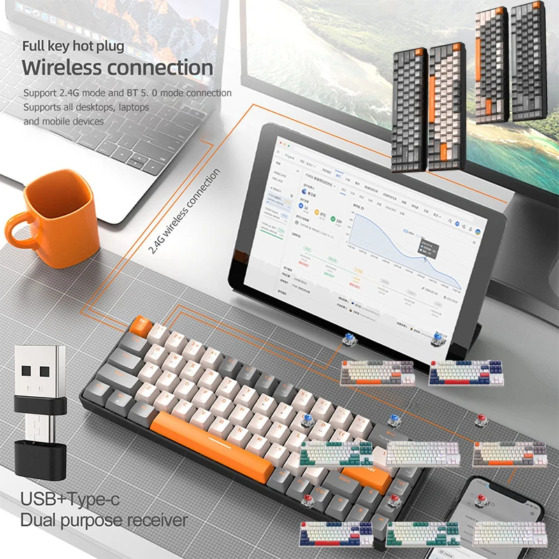 

["K68 2.4G/BT5.0 Беспроводная игровая механическая клавиатура 68 клавиш Hotswap Mini Gaming Mechanical Keyboard PBT Keycaps"]