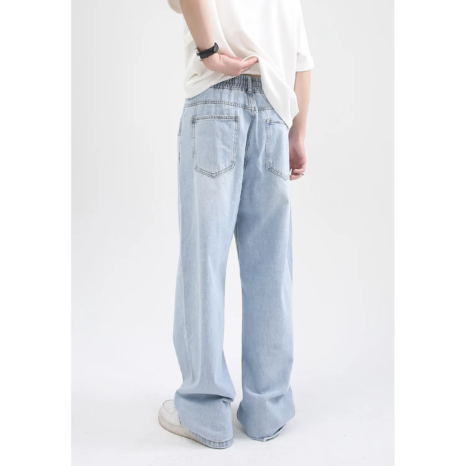 Four Seasons Men's Pants Simple Solid Color Elastic Waist Casual Loose Straight Blue Jeans Men's Hip Hop Street Style Clothing