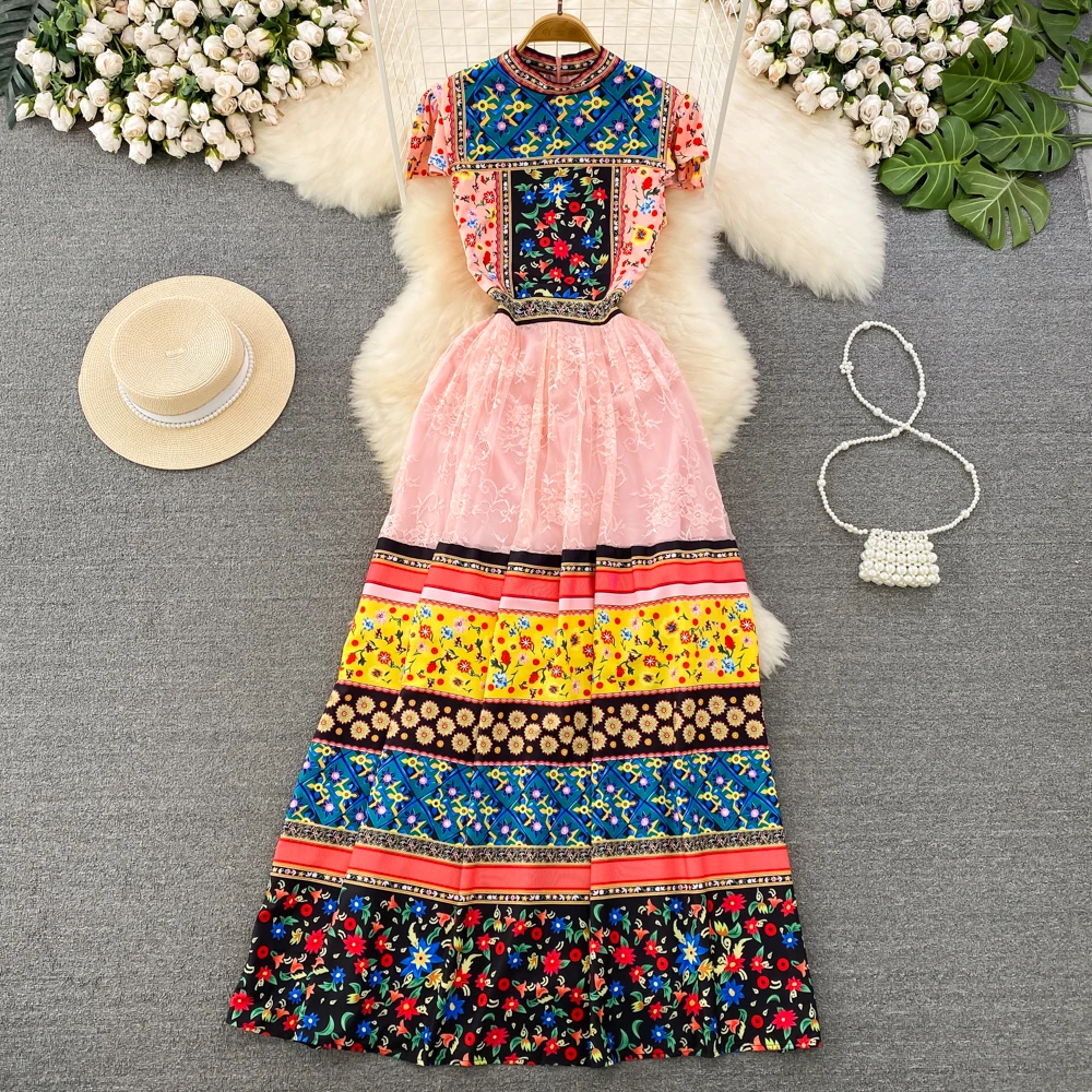 Summer Fashion Runway Pink Lace Stitching Maxi Dress Women's Stand Collar Flying Sleeve Floral Print Bohemain Boho Long Robes