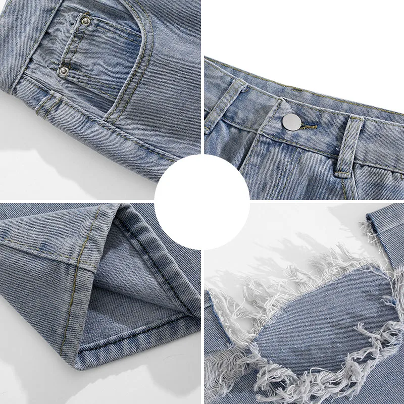 Spring Summer Ripped Hole Jeans Men Straight Loose Street Hip Hop Trousers Light Blue Ins Casual Denim Pants S-3XL 2022