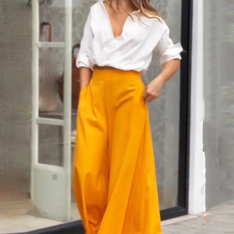 

ELIJOIN Europe and America Casual Women's 2023 Spring V-neck Long-sleeved Pullover Shirt Solid Color Wide-leg Pants Casual Suit