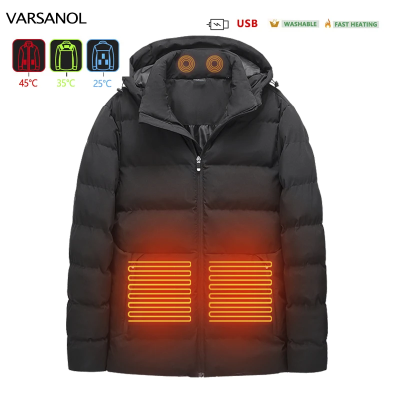 VARSANOL 3 Areas Heated Jacket Men USB Winter -5℃ Electric Heating Hooded Mens Jackets Warm Thermal Coat Clothes Heatable Jacket
