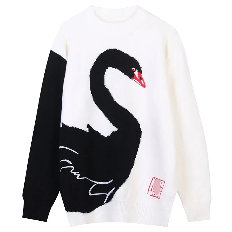 

European and American Autumn and Winter New Women's Long-Sleeved Pullover round Neck Swan Embroidered Loose Knitted Top Thick
