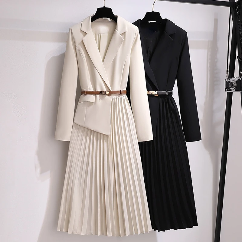 

Vintage Pleated Belt Patchwork One Piece Blazer Dress Women Elegant Office Ladies Long Sleeve Notched Female Spring Midi Dresses