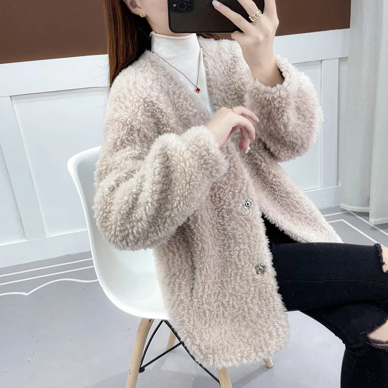 2022 Winter Women Fur Coat Fluffy Sheep Shearling Fur Coats Female Plush Particles Wool Natural Fur Jacket Warm Overcoat E662