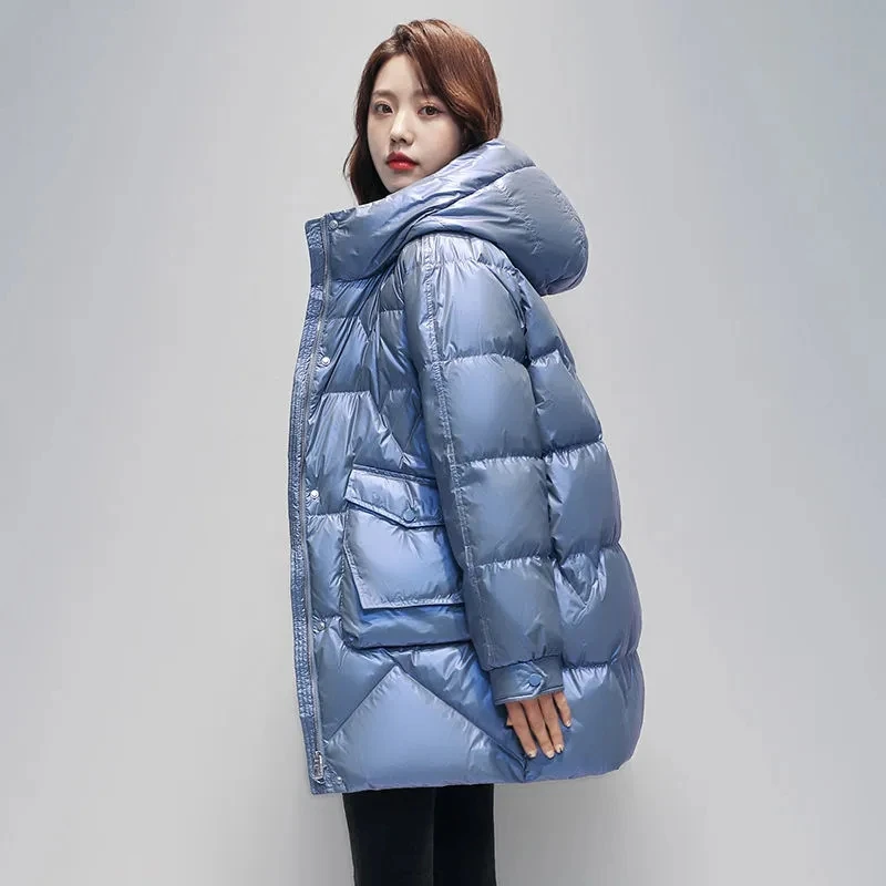 Mid Length Windproof Hooded Parkas Women Fashion Glossy Stand Collar Snow Coat Solid Warm Cotton Jacket Zip Up Quilted Overcoat
