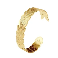 koaem newest style natural casual love 18k gold opening cuff bangle bracelet wholesale leaves stainless steel bracelet for women