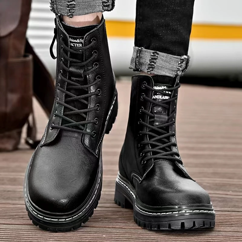 Women's Ladies Genuine Leather Female Shoes Ankle Boots Platform Lace Up Martin-Boots Winter Fur Plush Motorcycle