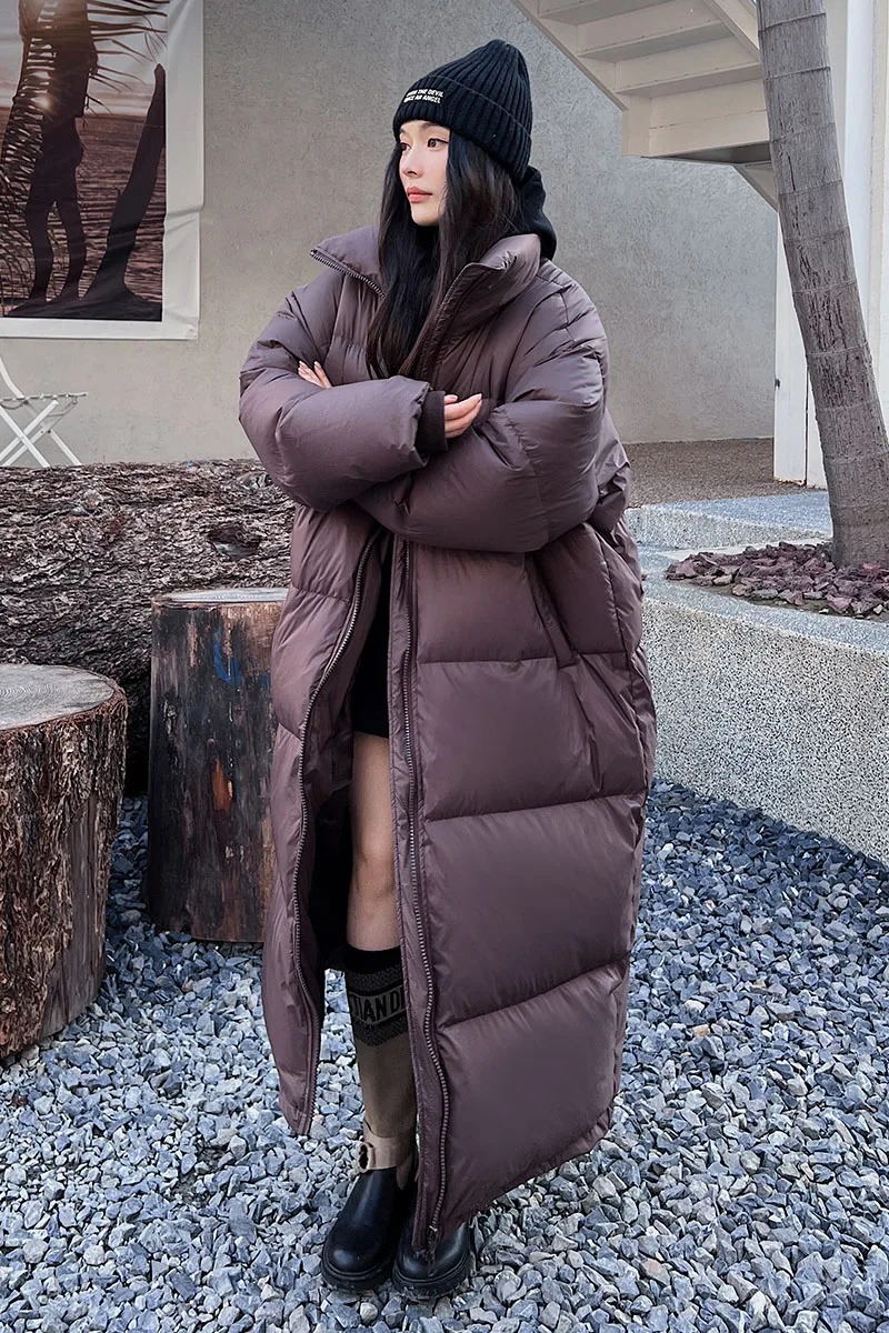 2022 New Long Down Jacket Women Stand Collar Korean Fashion Design Super Long Ankle Length Loose White Duck Down Winter Overcoat
