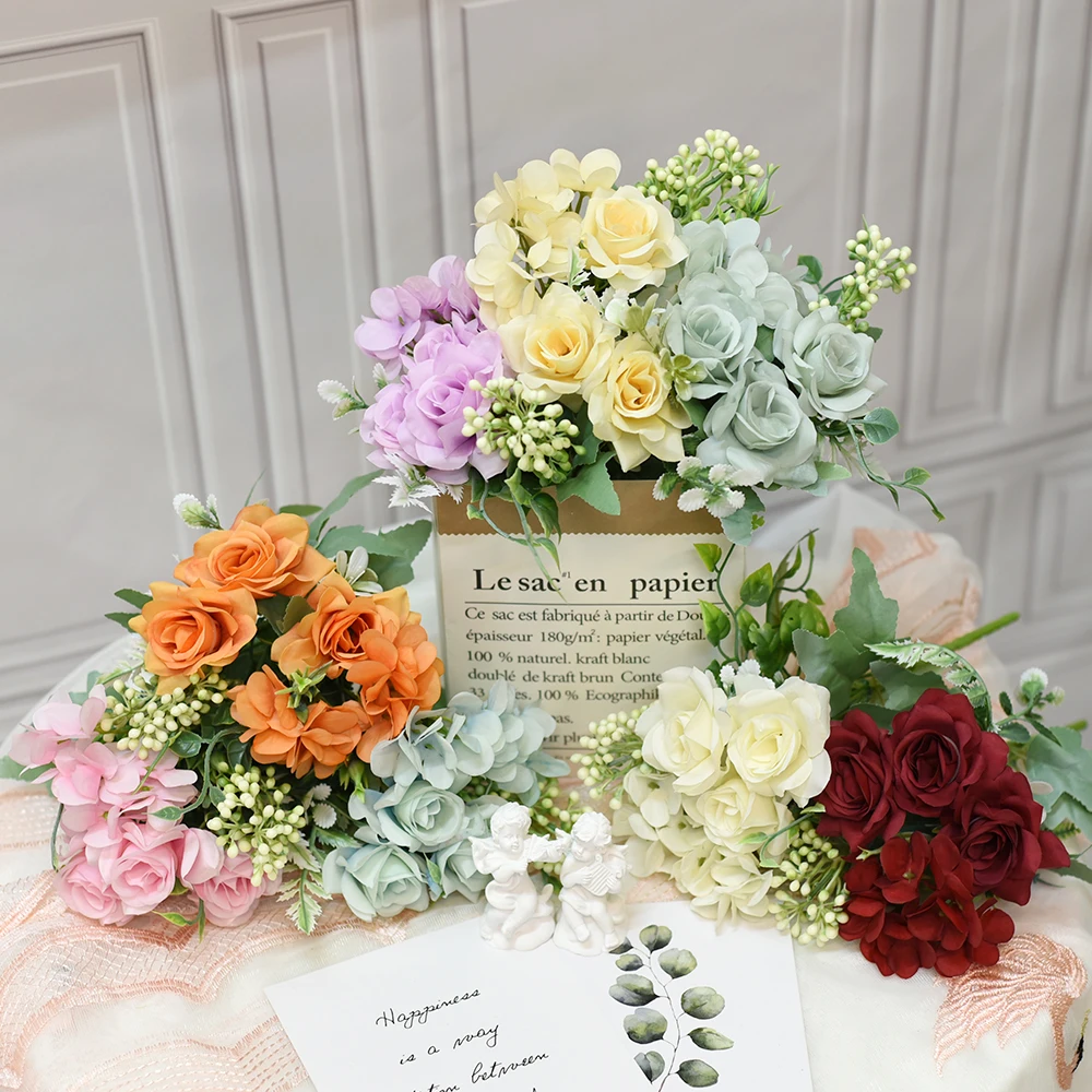 

27Cm High Quality SpunSilk Rose Handmade DIY Artificial Flower Bouquet 3 flowers 1 hydrangea Multiplecolors Wedding Party Home