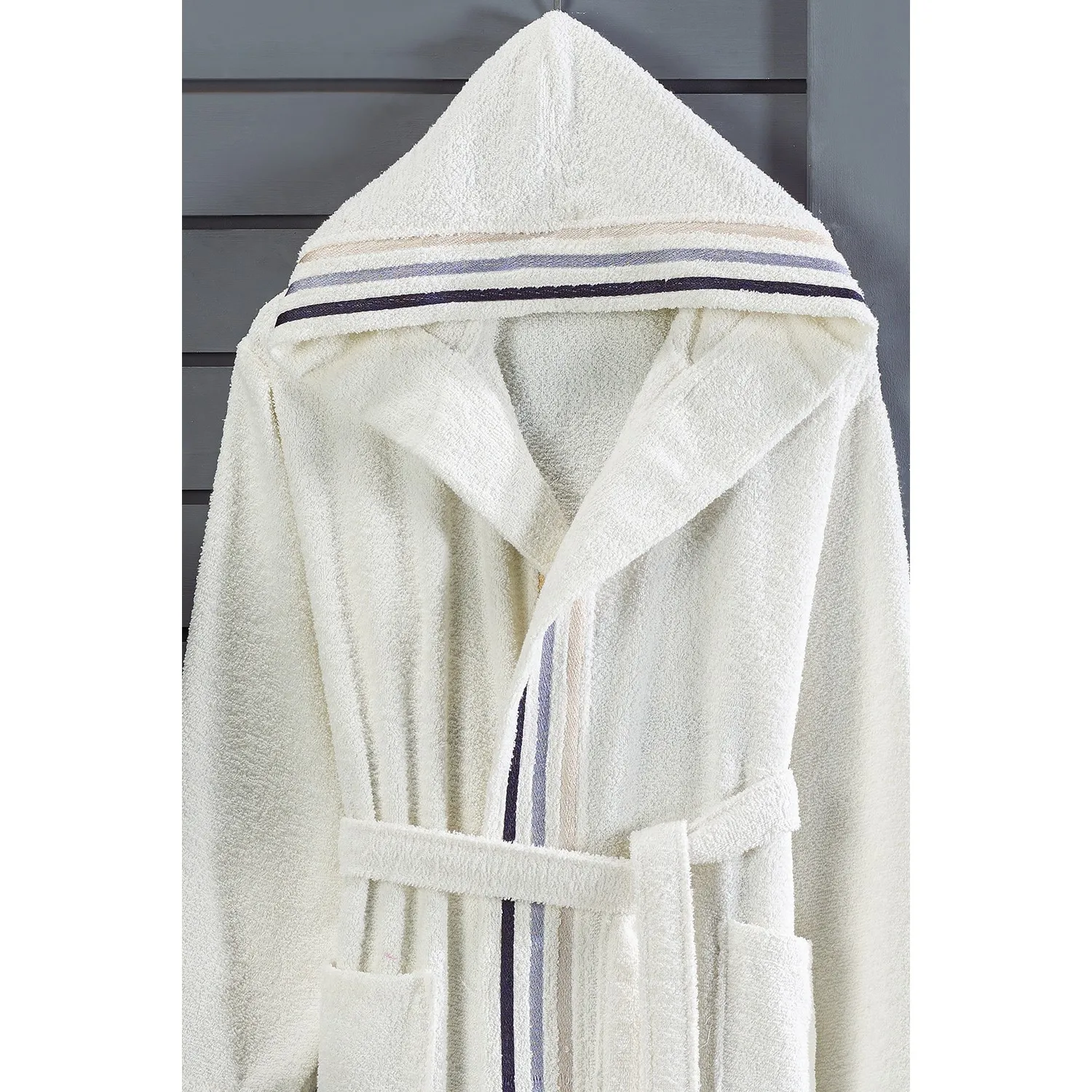 Özenev Hooded 2 Piece Family Bath Robe Set Cotton Striped Groined Soft Luxury Anthracite Soft Precision Skin Fabric