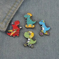 rock star dinosaur enamel pin cute dinosaur cycling skateboard playing guitar animal brooch funny cartoon jewelry gift for kids