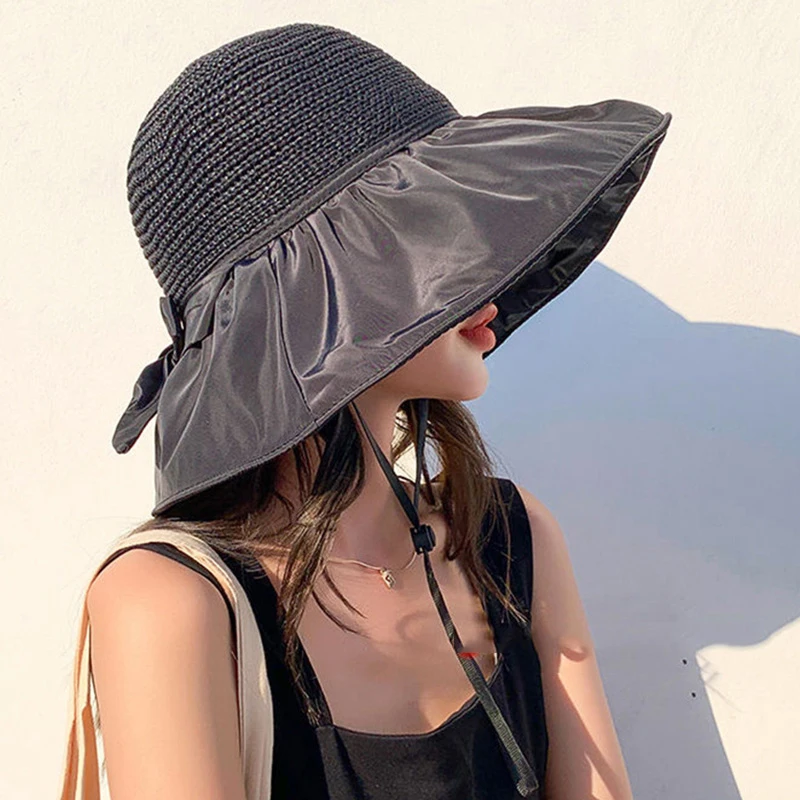 

Fashion Women Big Brim Sunshade Hat Outdoor Beach Fisherman Hats Female Summer Beach Anti-ultraviolet Sunhat Bowknot Panama Caps