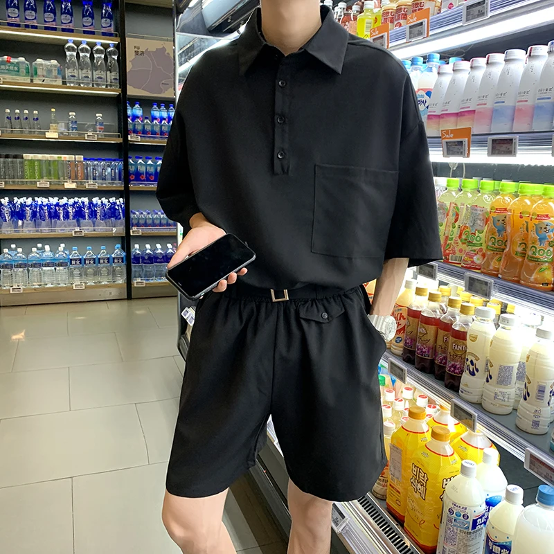 Men Sets Summer Gentle College Shorts Pure Color T-shirts Handsome Streetwear Fashion Popular Preppy Style Harajuku BF Casual