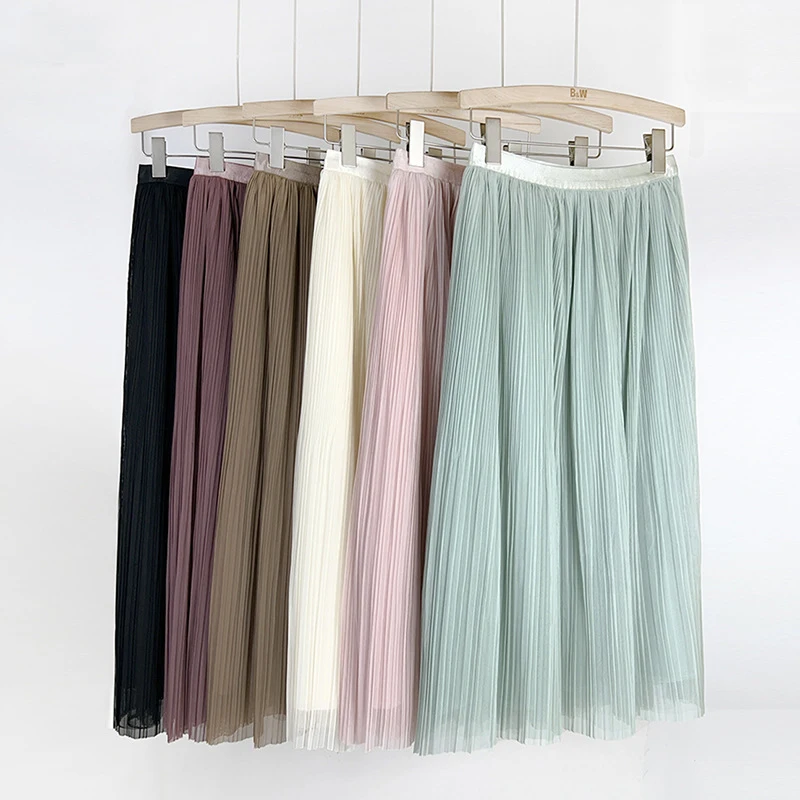 

Женская плиссированная юбка средней длины, Повседневная трапециевидная юбка с высокой талией, однотонная зеленая, розовая, черная сетчатая юбка в студенческом стиле, лето 2023