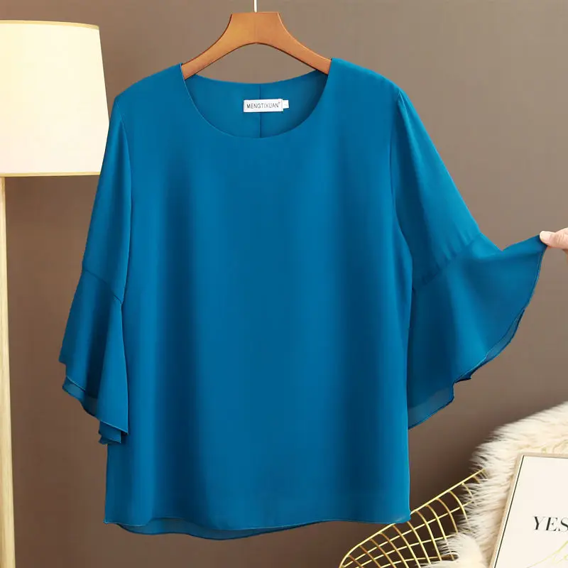 

New Summer Women Chiffon Blouse O-Neck Flared Sleeves Oversized Tops Solid Color Half Sleeve Loose Chiffon Shirt Blusas De Mujer
