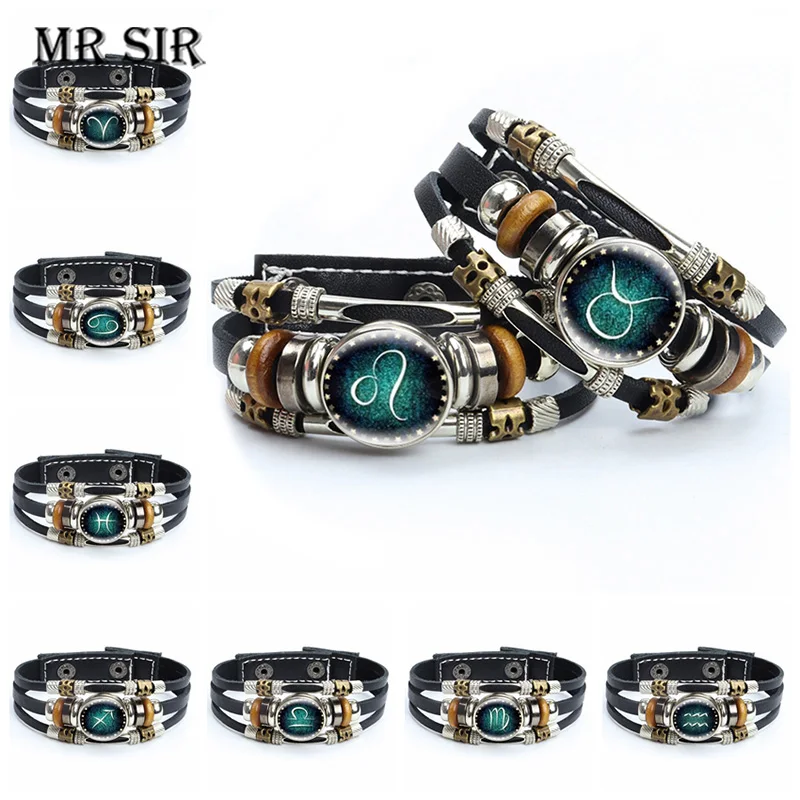 

12 Zodiac Signs Constellation Leather Bracelets Glass Cabochon Buttons Men Women Fashion Multilayer Charm Bangles Birthday Gifts