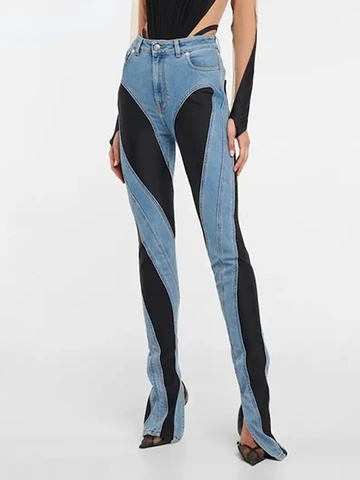 Design PatchworkWomen's Pants Autumn Fashion Women's Jeans Slim Fit Deconstructed Patchwork High Waist Split Blue Long Jeans