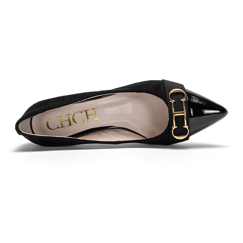 2023CHCH black high heeled shoes women's leather shoes business commuter spring and summer casual shoes single shoes suede fabri