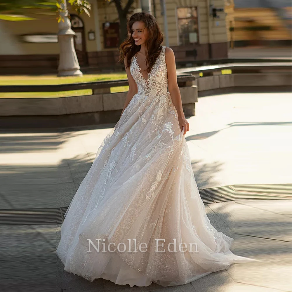 

Nicolle Eden Shiny Tulle Graceful A Line Wedding Dresses For Women Lace Appliques Bridal Gown Robe De Mariée Custom Made