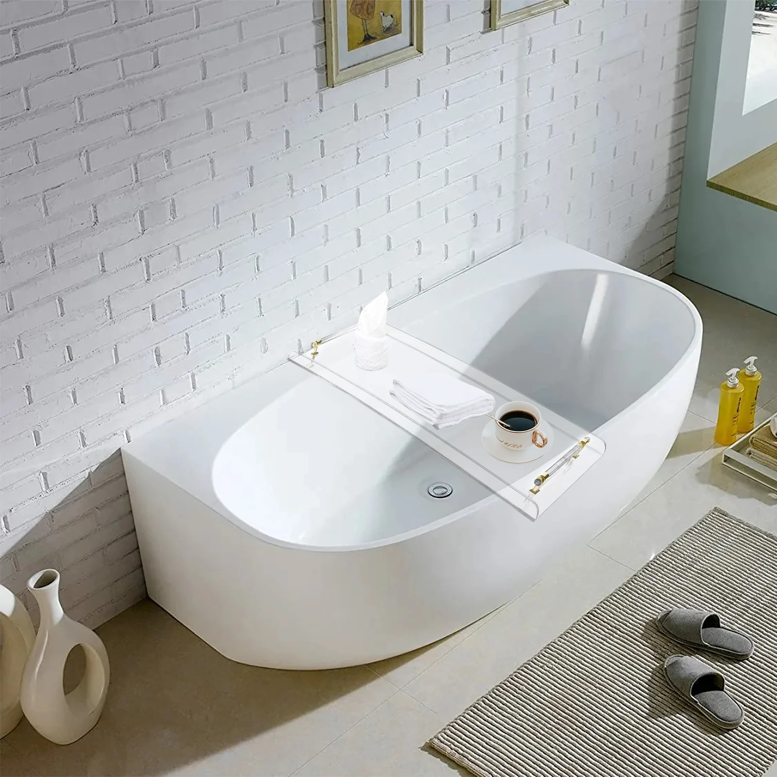 

Acrylic Bathtub Caddy Tray , Clear Bath Caddy Tray For Bathtub With Gold Handle For Bathroom